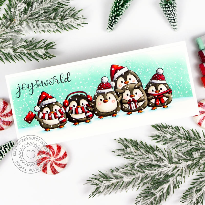 Sunny Studio Joy To the World Stacked Penguins Slimline Christmas Holiday Card using Roly Poly Penguins Clear Craft Stamps
