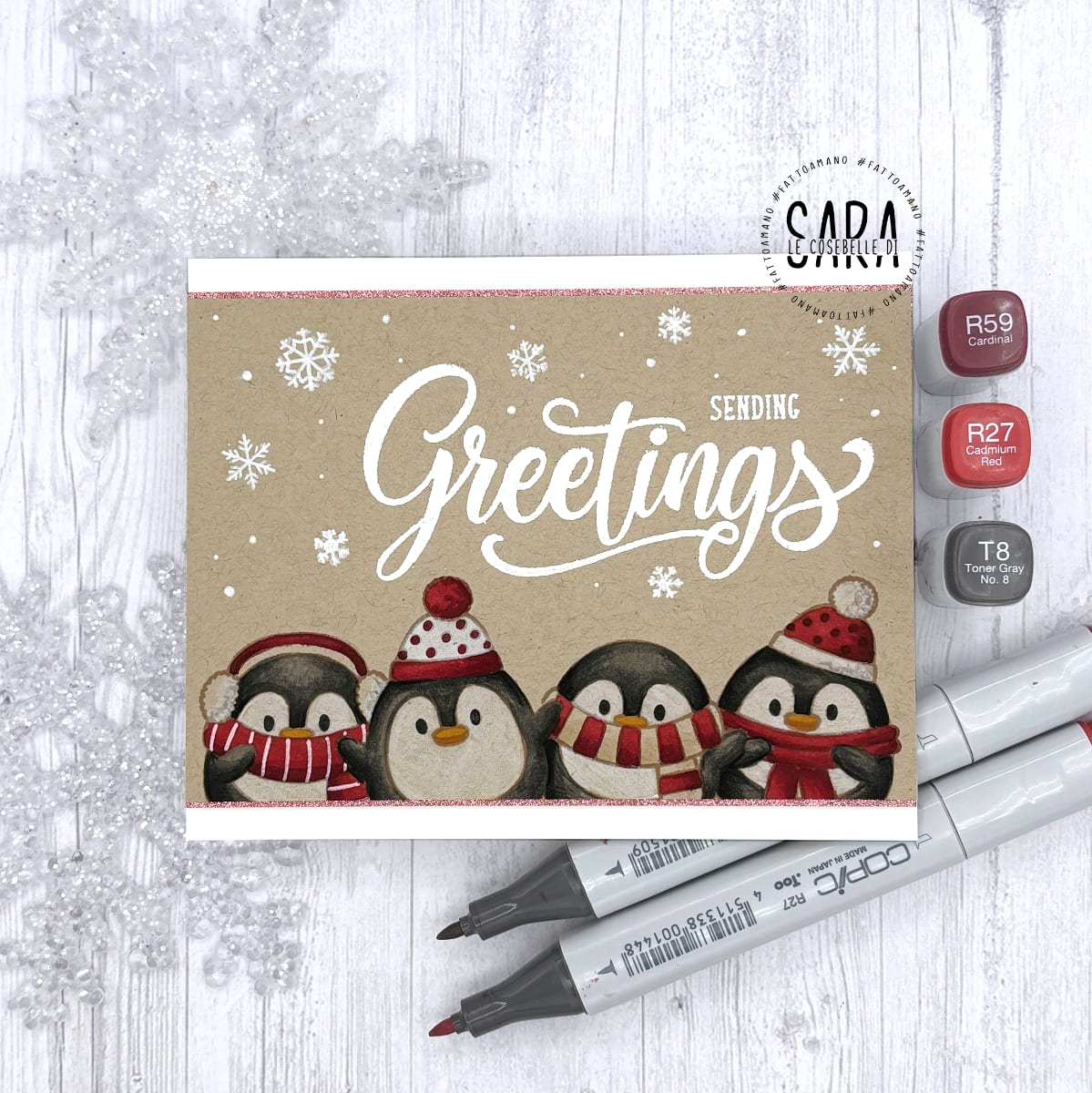 Sunny Studio Red, Black & White Penguin Kraft Holiday Christmas Card using Season's Greetings Clear Sentiment Craft Stamps