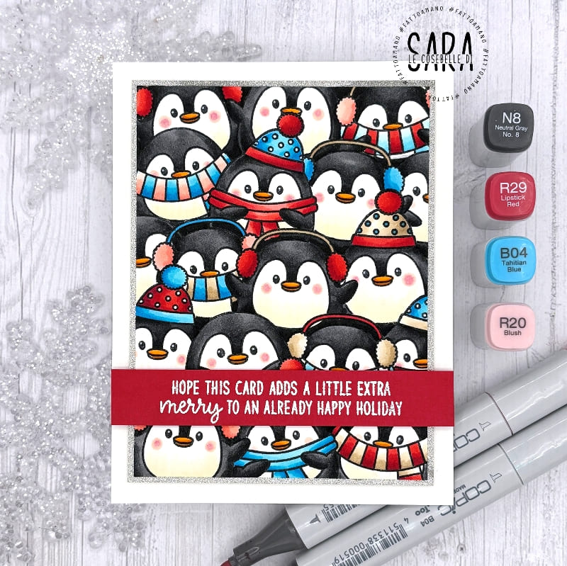 Sunny Studio Stack Penguin Crowd Background Extra Merry Christmas Holiday Card using Roly Poly Penguins Clear Craft Stamps