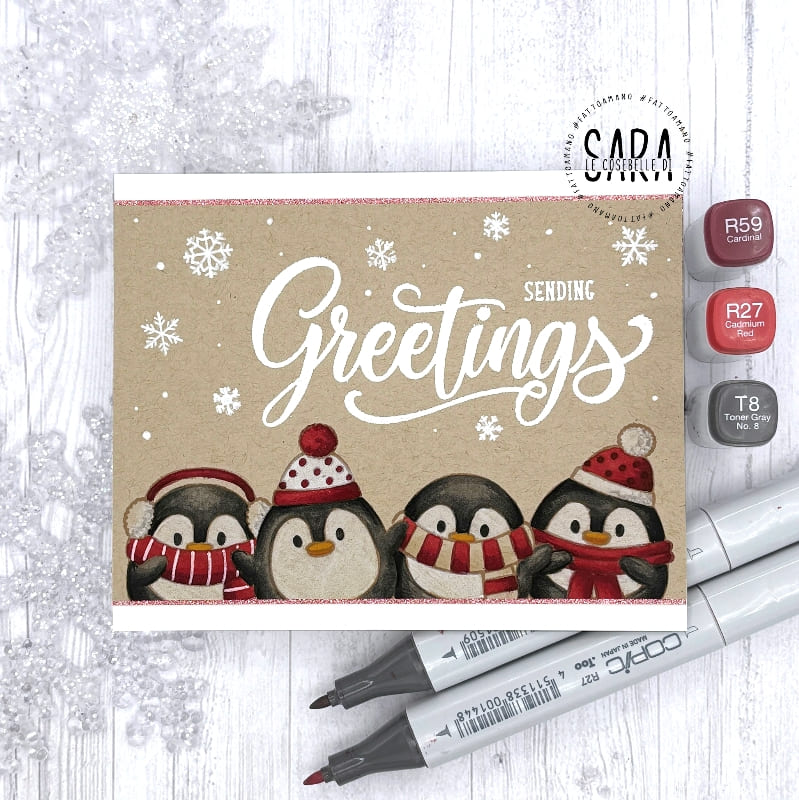 Sunny Studio Season's Greetings Red, Black & White Penguin Kraft Holiday Christmas Card using Roly Poly Penguins Clear Stamps