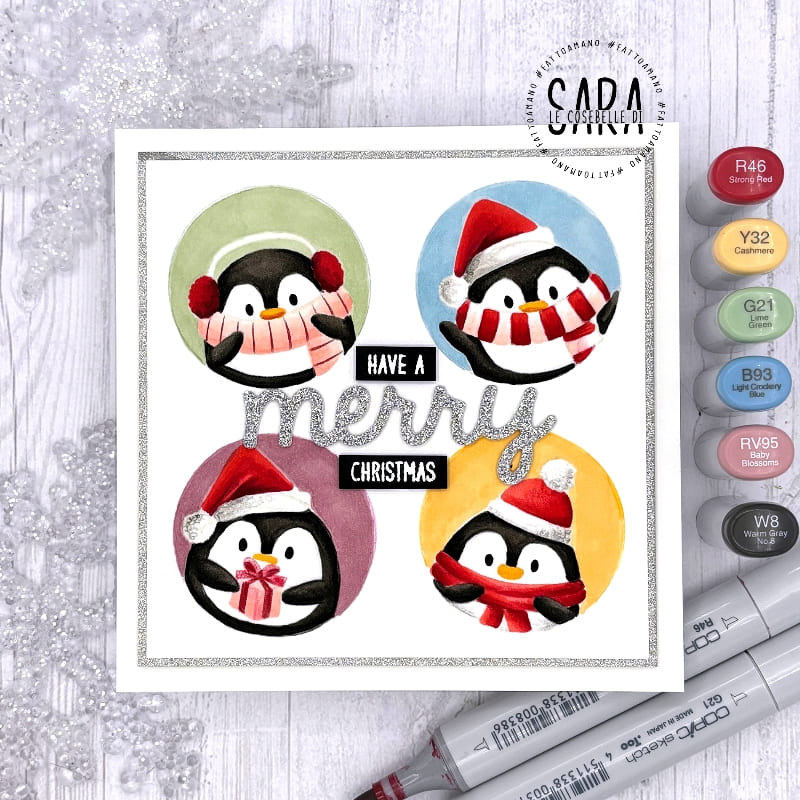 Sunny Studio Penguins in Circles No-Line Coloring Square Holiday Christmas Card using Roly Poly Penguins Clear Craft Stamps