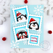 Sunny Studio Penguin in Scalloped Square Frames Blue Snowflake Holiday Christmas Card using Roly Poly Penguins Clear Stamps
