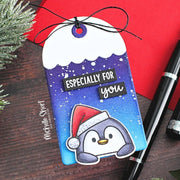 Sunny Studio Santa Claus Penguin Red & Blue Scalloped Christmas Holiday Gift Tag using Roly Poly Penguins Clear Craft Stamps