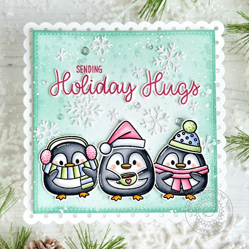 Sunny Studio Stamps Mint Green Penguins Winter Snowflakes Holiday Christmas Card using Roly Poly Penguin Clear Craft Stamps
