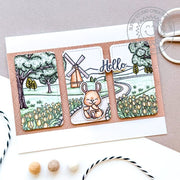 Sunny Studio Bunny Rabbit, Tulips & Windmill Spring Hello Card using Tulip Path Background 6x6 Backdrop Clear Craft Stamps
