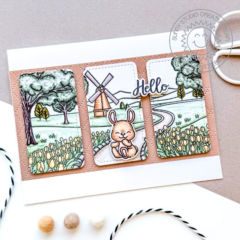 Sunny Studio Bunny Rabbit, Tulips & Windmill Spring Hello Card using Tulip Path Background 6x6 Backdrop Clear Craft Stamps