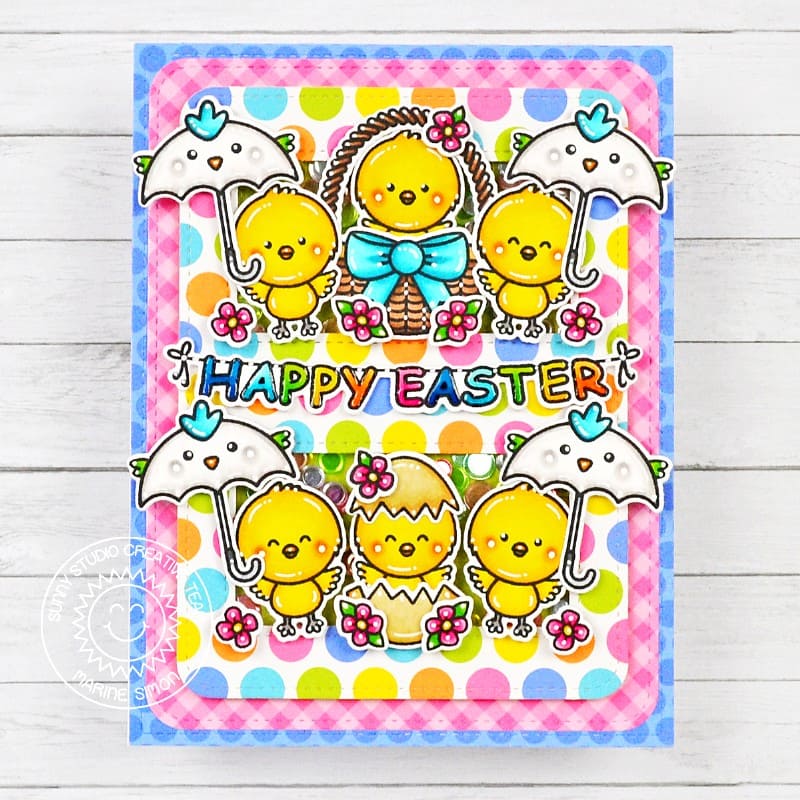 Sunny Studio Chicks with Chicken Umbrellas, Easter Basket & Eggs Card using Chickie Baby Clear Craft Stamps & Cutting Dies