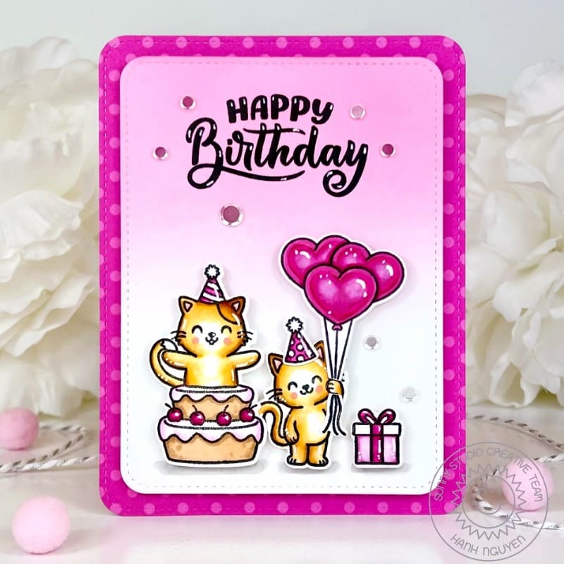 Sunny Studio Stamps Cat with Cake & Pink Heart Balloons Birthday Card using Rounded Rectangle Mat Metal Cutting Craft Die