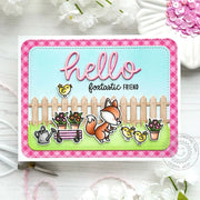 Sunny Studio Hello Friend Fox with Wagon, Fence, and Chicks Spring Garden Card using Foxy Friends Clear Craft Stamps & Dies
