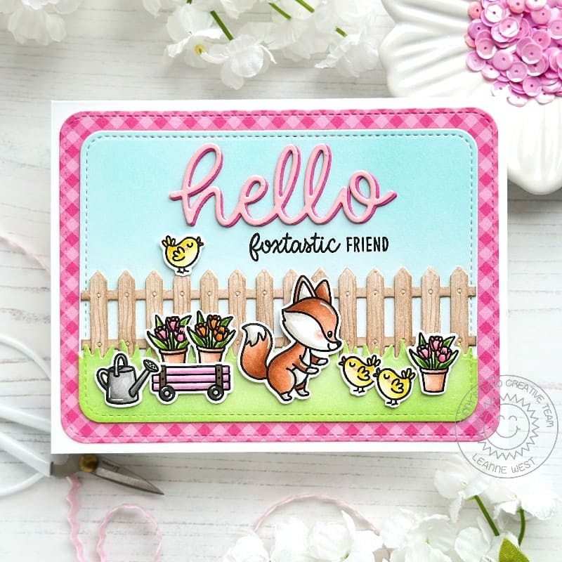 Sunny Studio Hello Friend Fox with Wagon, Fence, and Chicks Spring Garden Card using Foxy Friends Clear Craft Stamps & Dies