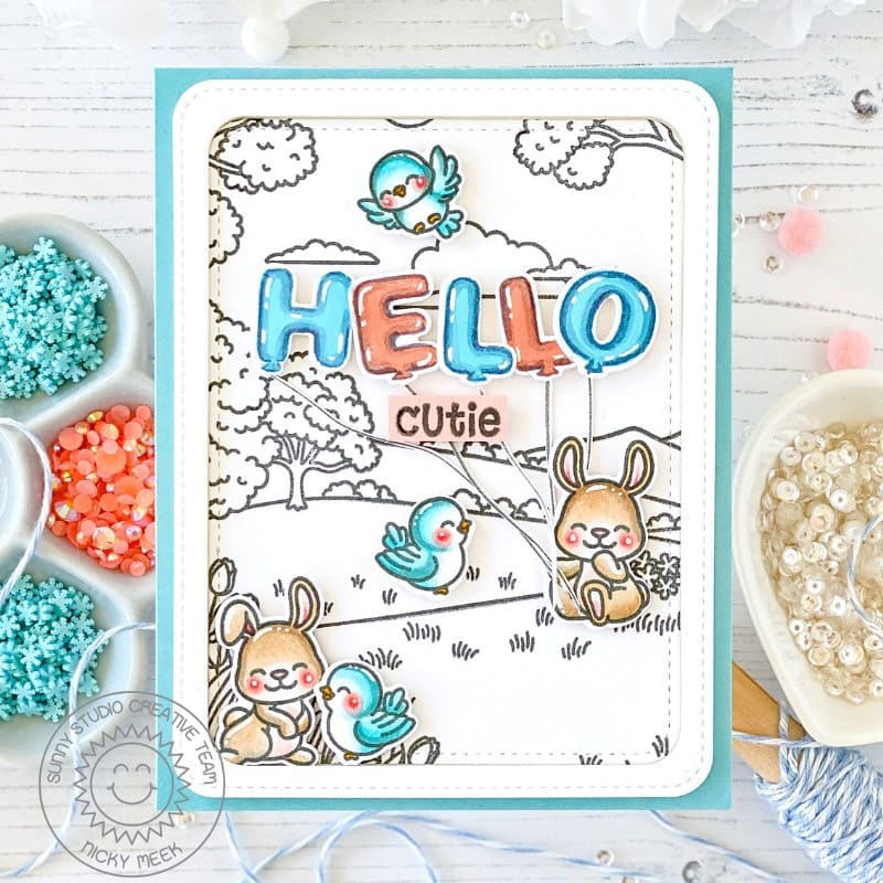 Sunny Studio Stamps Hello Cutie Bunny & Birds with Balloons Spring Card using Rounded Rectangle Mat Metal Cutting Craft Dies