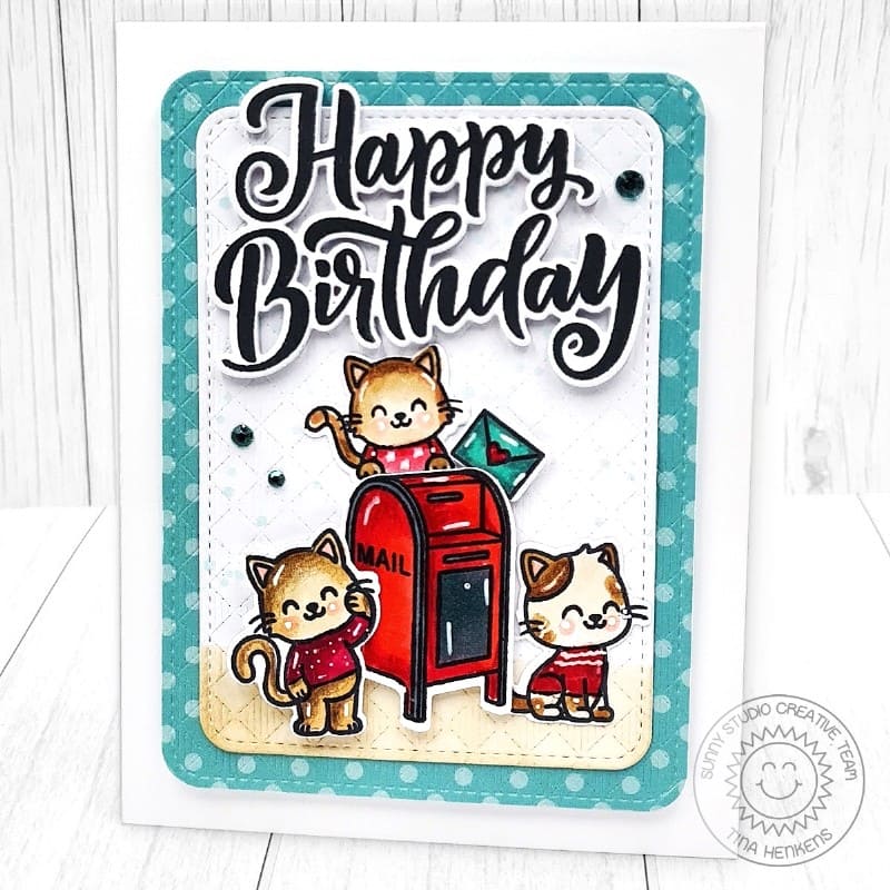 Sunny Studio Kitty Cats & Red Mailbox Aqua Polka-dot Birthday Card using Big Bold Greetings 4x6 Clear Sentiment Craft Stamps
