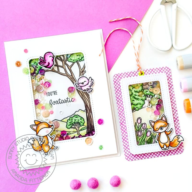 Sunny Studio Punny Foxtastic Fox Spring Tulips in Meadow Shaker Card & Gift Tag using Foxy Friends Clear Craft Stamps & Dies