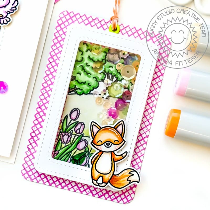 Sunny Studio Stamps Fox Spring Meadow Shaker Gift Tag using Rounded Rectangle Window & Mat Stitched Metal Cutting Craft Dies