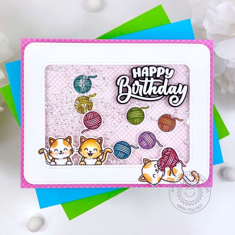 Sunny Studio Kitty Cats with Yarn Balls Happy Birthday Sequin Shaker Card using Cat Antics Clear Photopolymer Craft Stamps