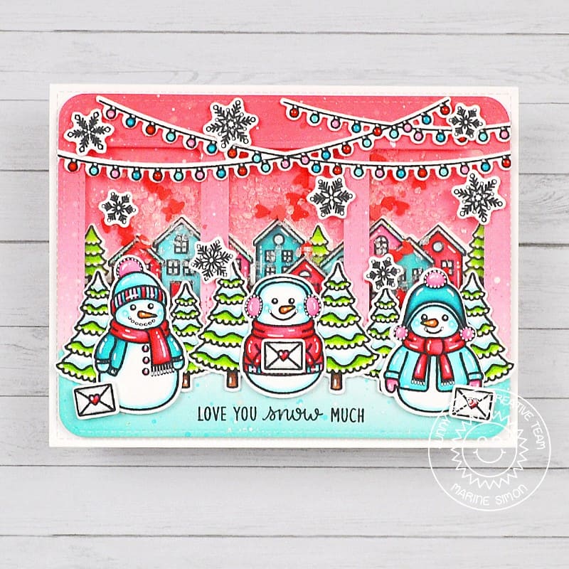 Sunny Studio Love You Snow Much Snowman Valentine's Day Sequin Shaker Card using Snowmen in Sweaters 4x6 Clear Craft Stamps