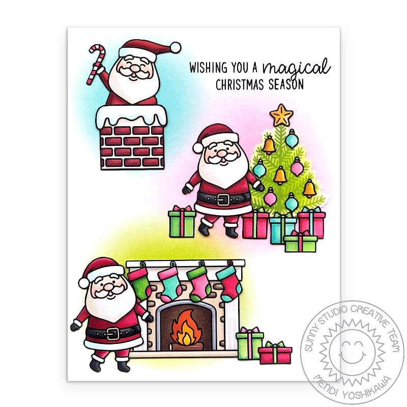 Sunny Studio Santa with Chimney, Fireplace & Sleigh Handmade Holiday Christmas Card using Santa Claus Lane Clear Craft Stamps