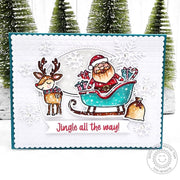 Sunny Studio Santa with Reindeer & Sleigh of Gifts Winter Holiday Christmas Card using Santa Claus Lane Clear Craft Stamps
