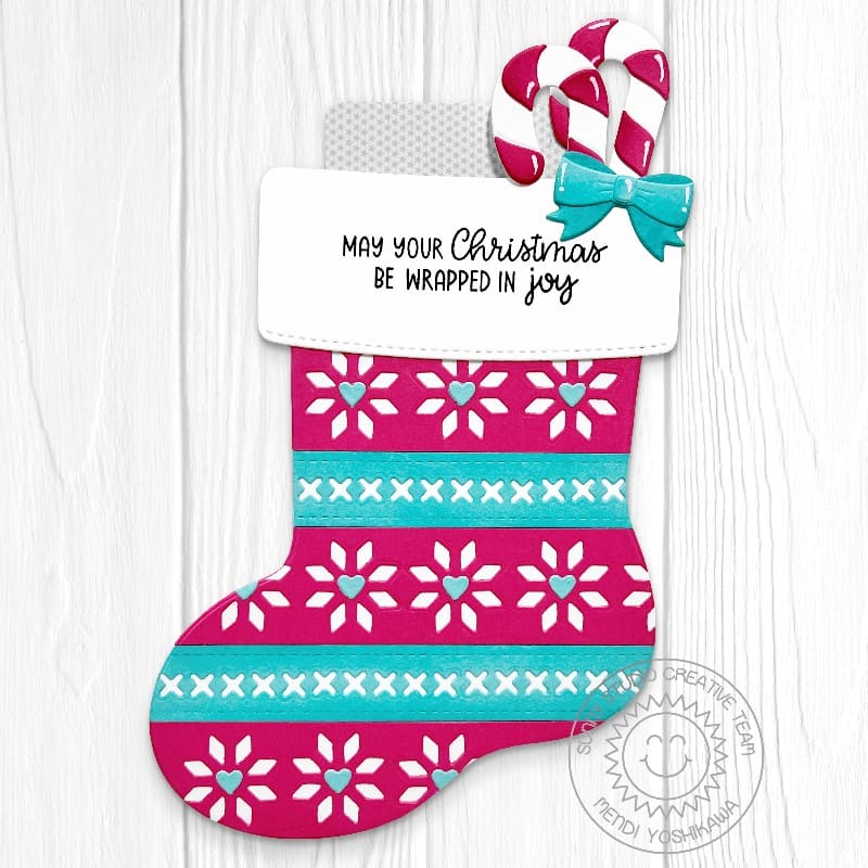 Sunny Studio Wrapped in Joy Christmas Stocking Shaped Card using Build-a-Greeting Holidays 4x6 Clear Sentiment Craft Stamps
