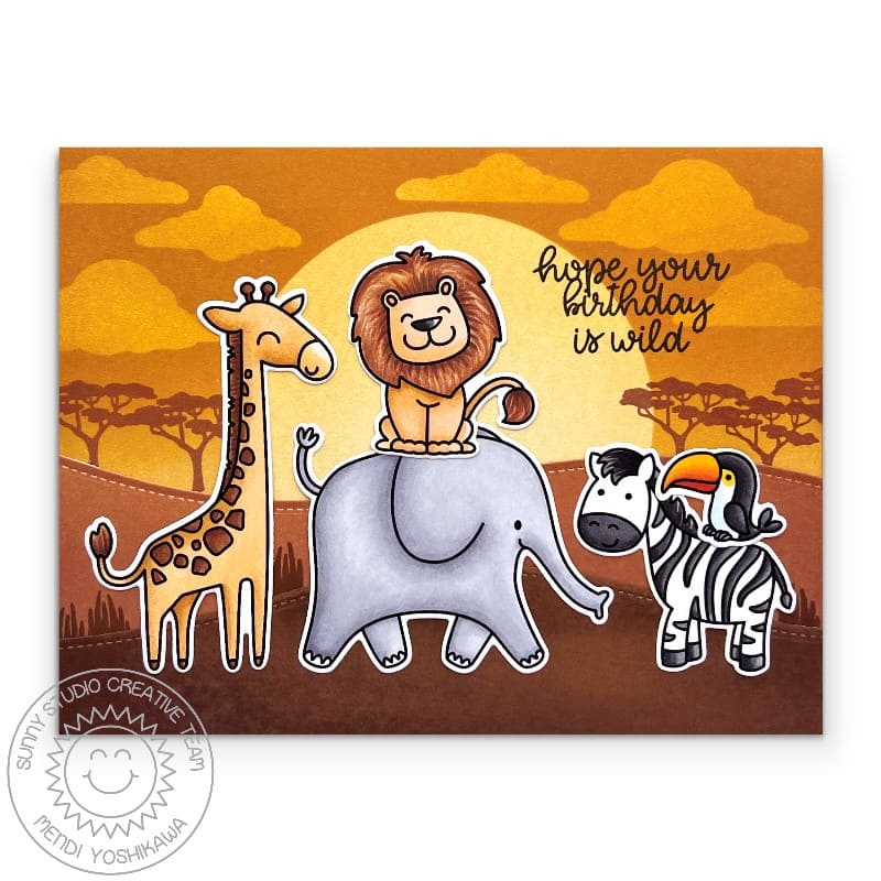 Sunny Studio Giraffe, Elephant, Zebra, Lion, and Toucan Wild Summer Birthday Card using Savanna Safari Clear Craft Stamps