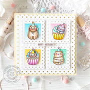 Sunny Studio Cat Cupcakes Colorful Pastel Grid-Style Birthday Scalloped Square Card using Birthday Cats Clear Craft Stamps