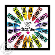 Sunny Studio Radiating Rainbow Crayons Sunray Sunburst Thank You Teacher Card using School Time 4x6 Clear Craft Stamps