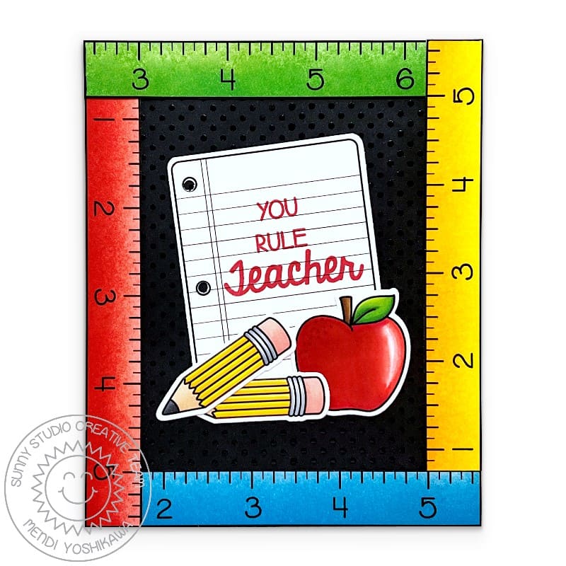Sunny Studio Rainbow Rulers Frame with Pencils, Apple & Notebook Thank You Teacher Card using School Time Clear Craft Stamps