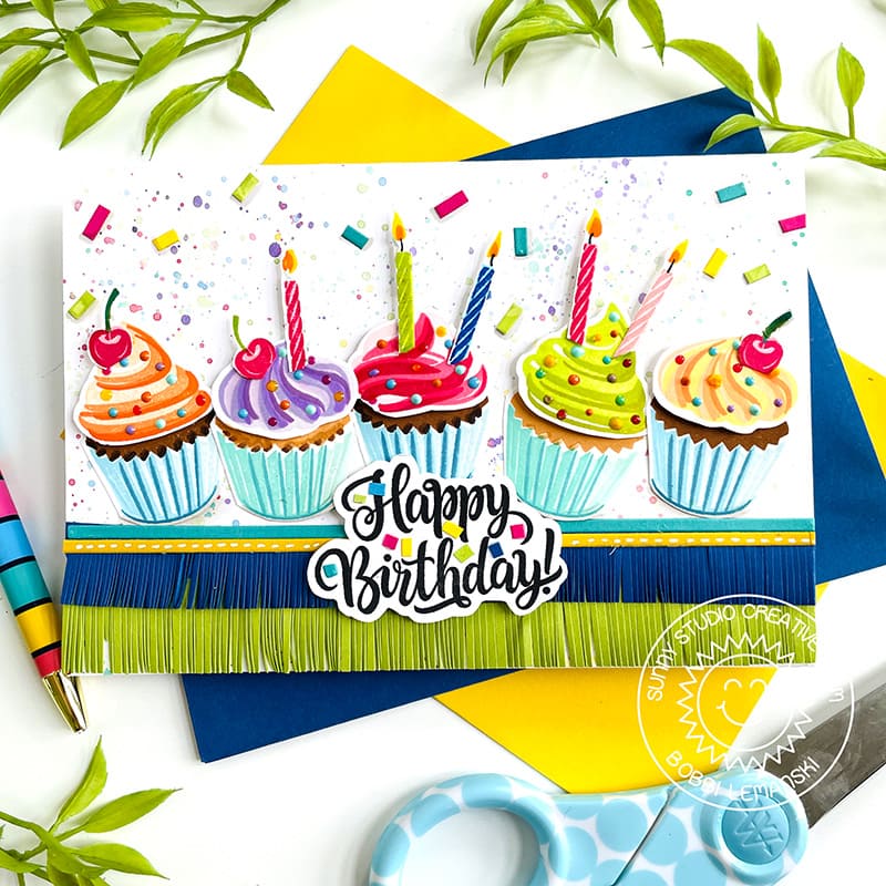 Sunny Studio Colorful Festive Fringe Cupcake 5x7 Birthday Card (using Scrumptious Cupcakes 4x6 Clear Layering Stamps)