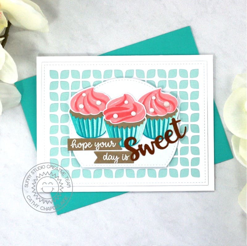 Sunny Studio Hope You're Day Is Sweet Pink & Aqua Cupcake Card (Using Scrumptious Cupcakes Clear Layering Stamps)