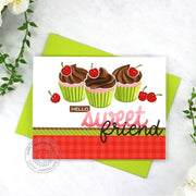 Sunny Studio Hello Sweet Friend Chocolate Cherry Cupcakes Card (Using Scrumptious Cupcakes Clear Layering Stamps)