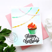 Sunny Studio Cupcake & Pastel Streamers Clean & Simple CAS Birthday Card (Using Scrumptious Cupcakes Clear Layering Stamps)