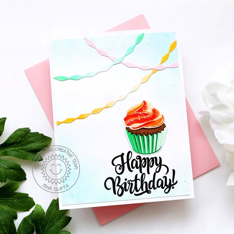 Sunny Studio Cupcake & Pastel Streamers Clean & Simple CAS Birthday Card (Using Scrumptious Cupcakes Clear Layering Stamps)