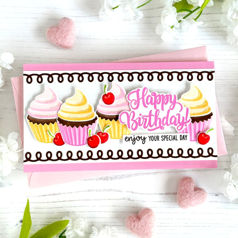 Sunny Studio Glitter Cupcakes with Cherries Slimline Birthday Card (using Scrumptious Cupcakes 4x6 Clear Layering Stamps)