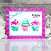 Sunny Studio Hot Pink & Aqua Cupcake & Streamers CAS Birthday Card (Using Scrumptious Cupcakes Clear Layering Stamps)