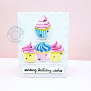 Sunny Studio Cupcakes with Tiered Sclloped Cake Stand Birthday Card (using Scrumptious Cupcakes 4x6 Clear Layering Stamps)