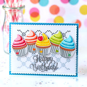 Sunny Studio Rainbow Frosted Glitter Cupcakes Scalloped Birthday Card (using Scrumptious Cupcakes Clear Layering Stamps)