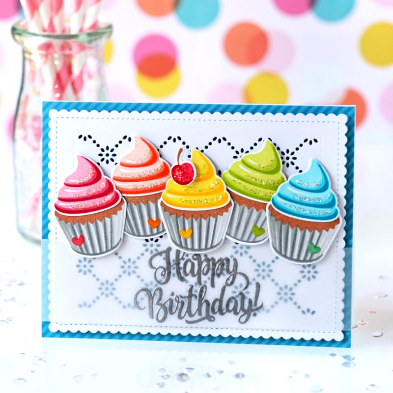 Sunny Studio Rainbow Frosted Glitter Cupcakes Scalloped Birthday Card (using Scrumptious Cupcakes Clear Layering Stamps)