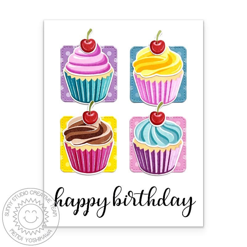 Sunny Studio Colorful Cupcakes with Frosting Polka-Dot Birthday Card using Scrumptious Cupcakes Clear Layering Craft Stamps