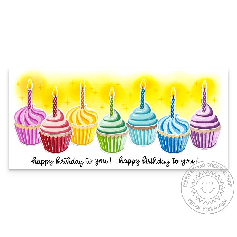Sunny Studio Rainbow Cupcakes Happy Birthday To You Slimline Card using Scrumptious Cupcakes 4x6 Clear Layering Craft Stamps
