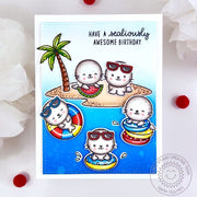 Sunny Studio Seals on Island with Ocean & Palm Tree Summer Card by Hanh Nguyen using Sealiously Awesome Clear Craft Stamps