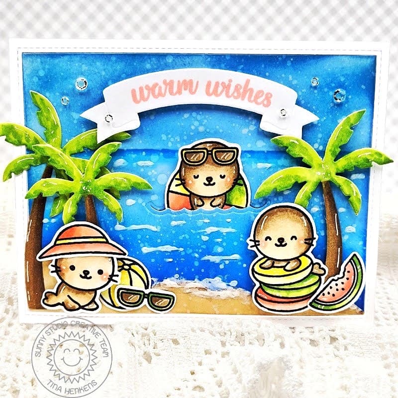 Sunny Studio Stamps Warm Wishes Summer Seals Playing in Ocean Card using Tropical Trees Backdrop Metal Cutting Craft Dies