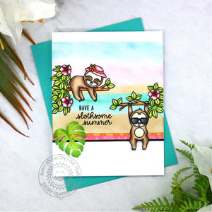 Sunny Studio Have A Slothsome Summer Hanging Sloths with Tropical Leaves Card (using Silly Sloths 4x6 Clear Stamps)