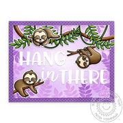 Sunny Studio Sloths Hanging from Jungle Vines "Hang in There" Lavender Summer Card using Tropical Scenes Clear Craft Stamps