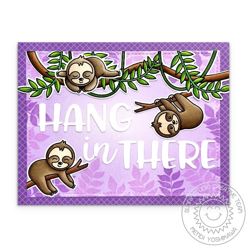 Sunny Studio Sloths Hanging from Jungle Vines "Hang in There" Lavender Summer Card using Tropical Scenes Clear Craft Stamps