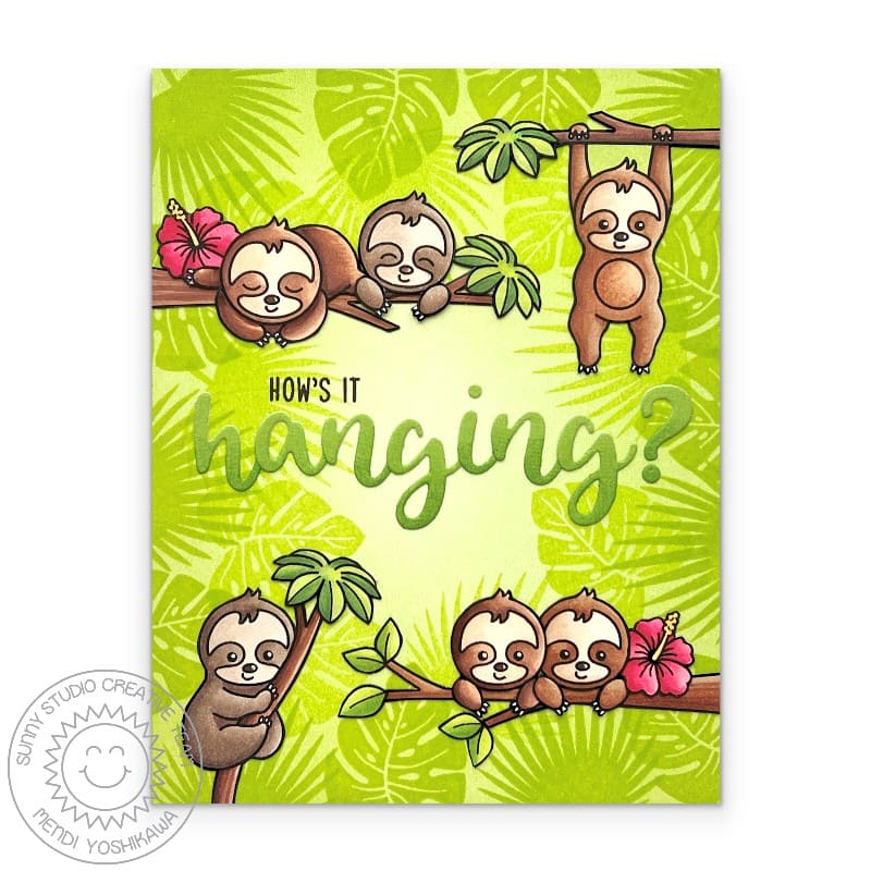 Sunny Studio Stamps Sloth with Tropical Jungle Leaves How's it Hanging Summer Card using Hayley Lowercase Alphabet Craft Dies