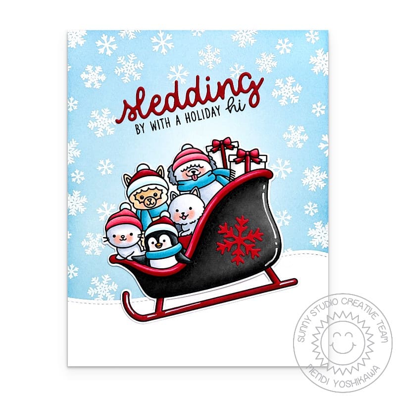 Sunny Studio Animals Piled High in Sled Handmade Winter Holiday Christmas Card using Sledding Critters 3x4 Clear Craft Stamps