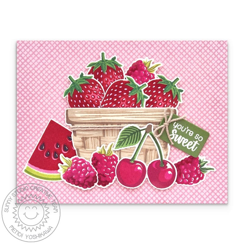 Sunny Studio Strawberries, Raspberries, Cherries, & Watermelon Fruit Basket Card using Slice of Summer Clear Layering Stamps