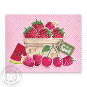 Sunny Studio Strawberry, Raspberry, Cherry & Watermelon Fruit Basket Summer Card using Berry Bliss Clear Layering Stamps