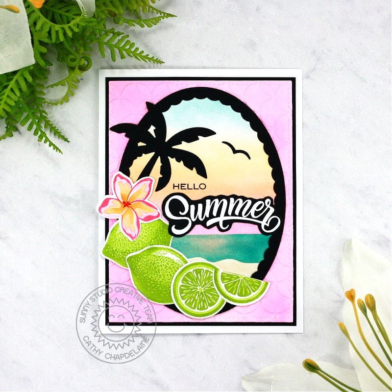 Sunny Studio Tropical Palm Tree Silhouette with Flower & Lime Fruit Summer Card using Radiant Plumeria Clear Layering Stamps