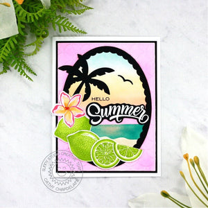 Sunny Studio Tropical Palm Tree Silhouette with Plumeria Flower & Limes Hello Summer Card (using Slice of Summer Layering Stamps)